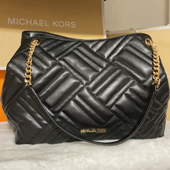 MK Peyton Lg Shoulder Tote Set-Black Faux Leather - Picture 2 of 16